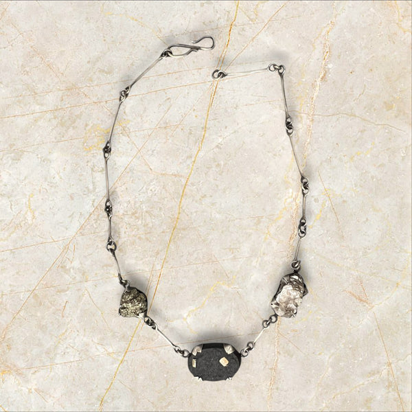 Prong Set Necklace with  handmade chain.  Mica, Schist with pyrite and pyrite