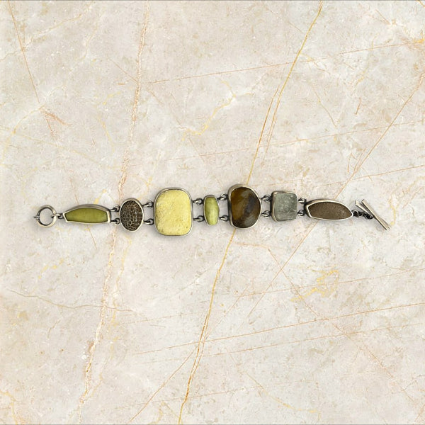 Large River Rock Bezel Link Bracelet with New Jade, Agate and African Glass Beads