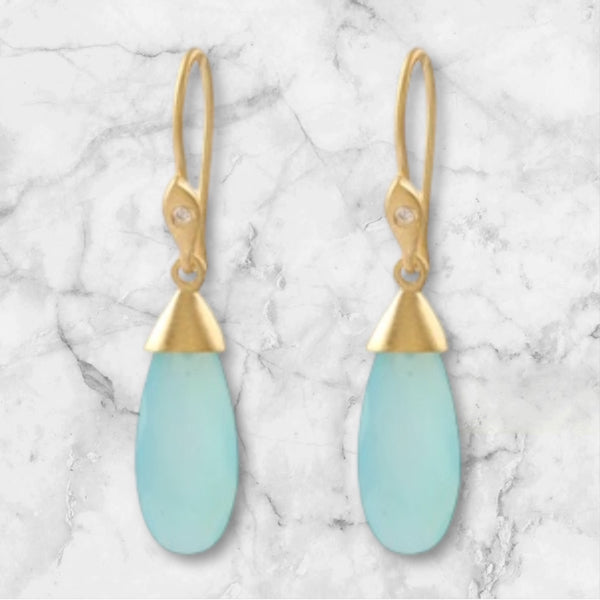 Narrow Aqua Chalcedony Drop Earrings