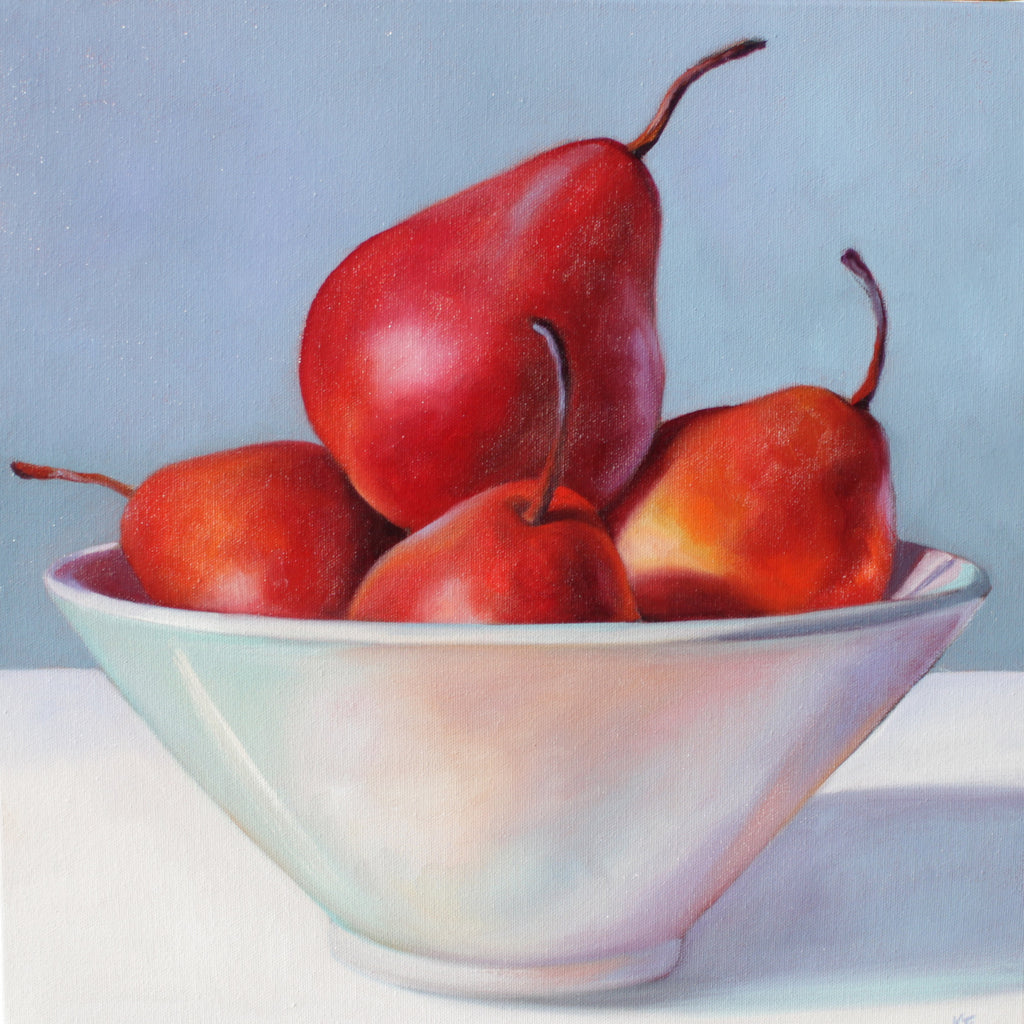 Red Pears in a White Bowl