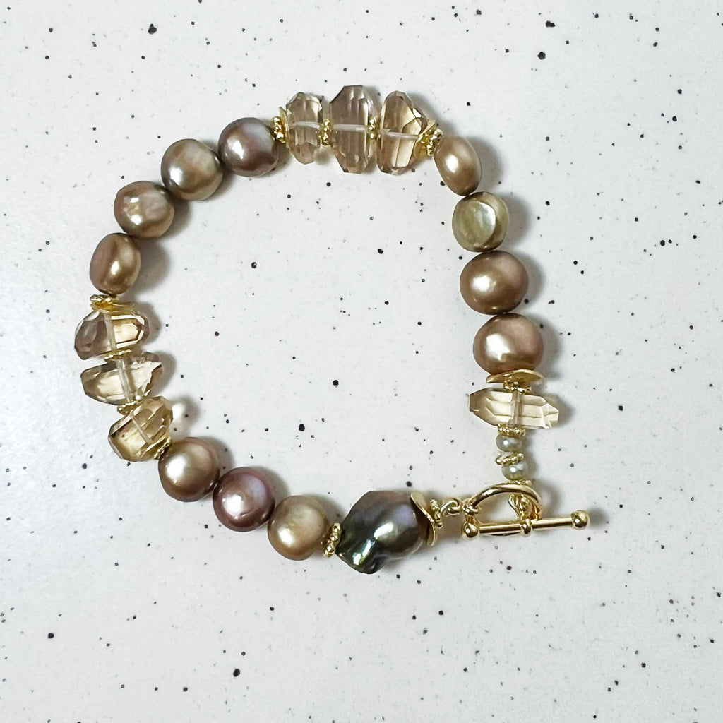 Bronze Fresh Water Pearl, Citrine Beads, Jumbo Baroque Pearl  Bracelet