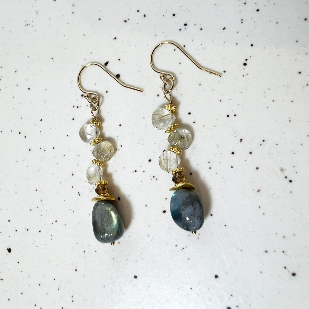 Labradorite Beads, Rutilated Quartz Briolettes Earrings