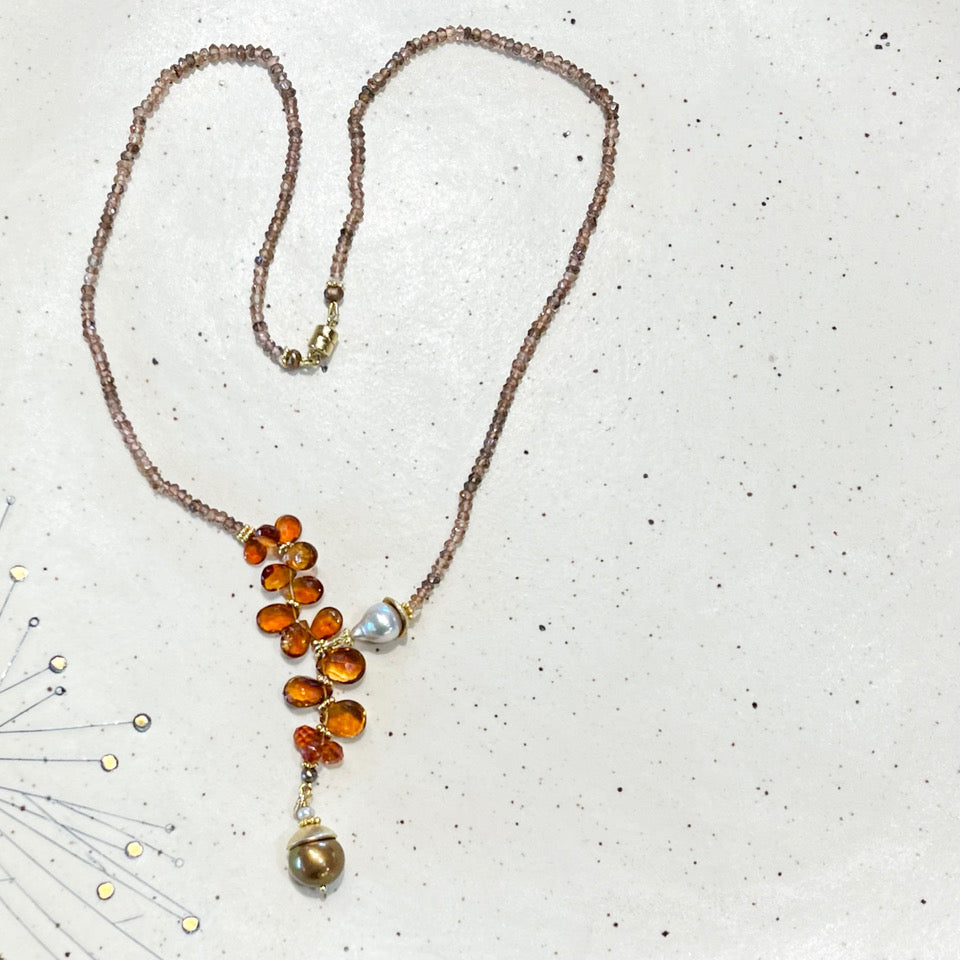 MA-717 Andalucite Bead Necklace, Citrine Briolettes, Brown Fresh Water Pearls, Baroque Pearl