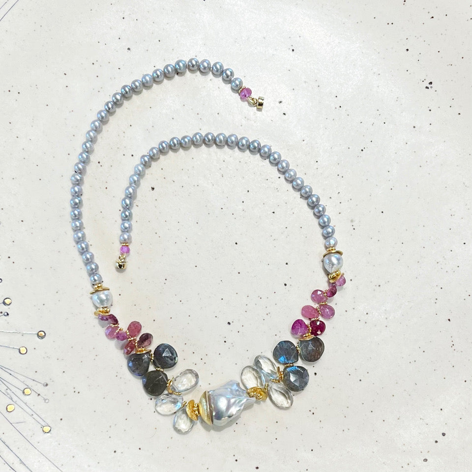 Gray Fresh Water Pearl, Multi Color Sapphire & Gray Baroque Pearl Necklace