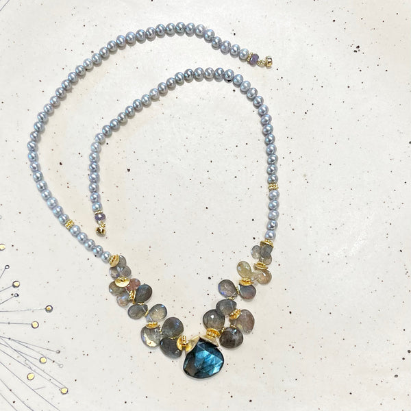 Gray Fresh Water Pearl, Labradorite  & Sapphire Broiolettes  Necklace