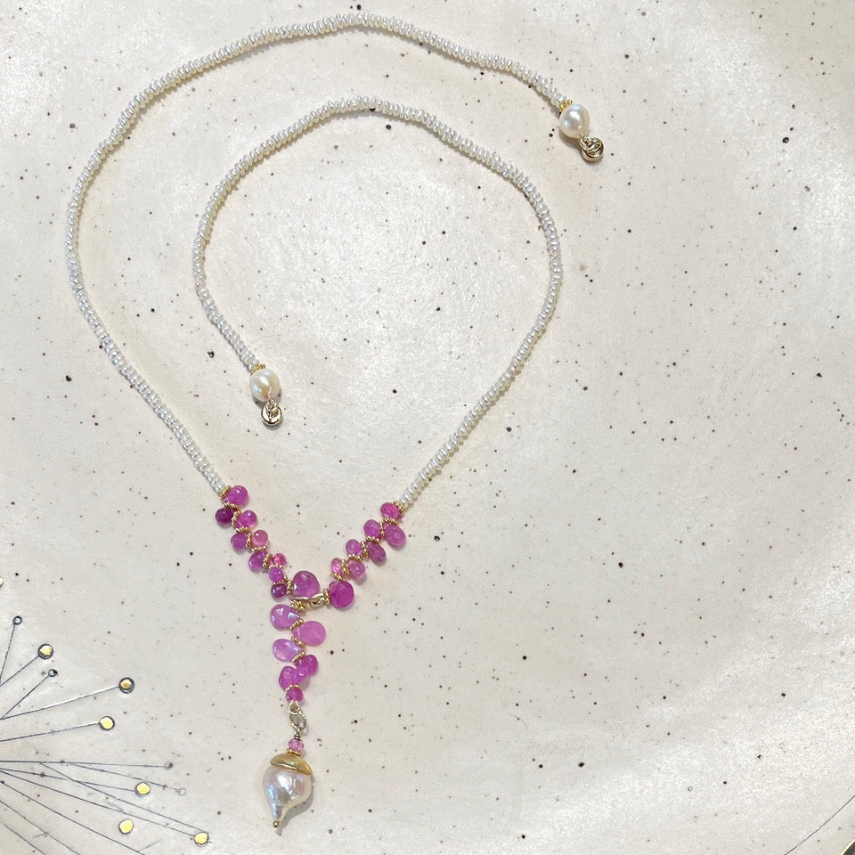 Fresh Water Pearl, Pink Sapphire & Baroque Pearl Necklace