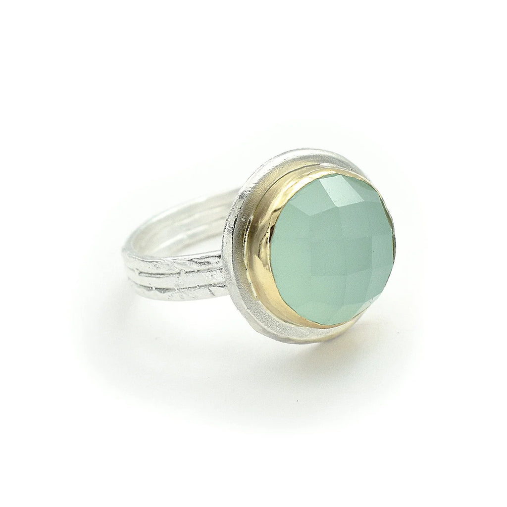 Faceted Round Aqua Chalcedony Ring