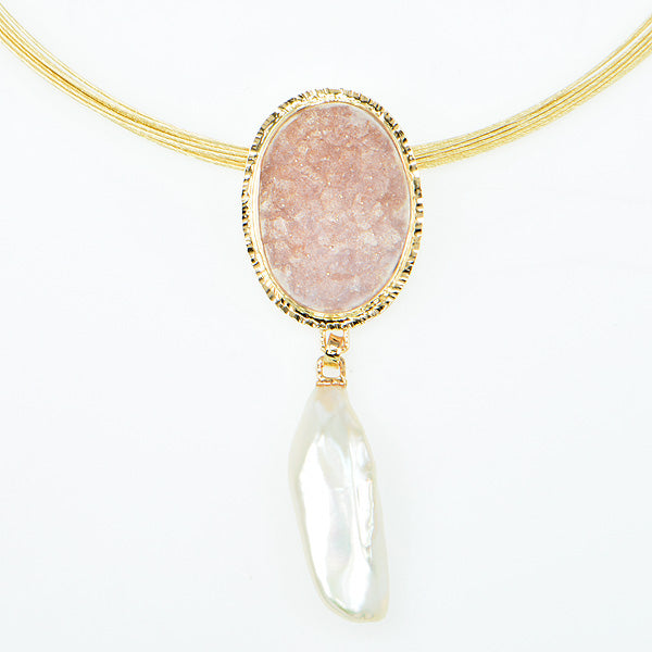 Rose Drusy Quartz, Freshwater Pearl